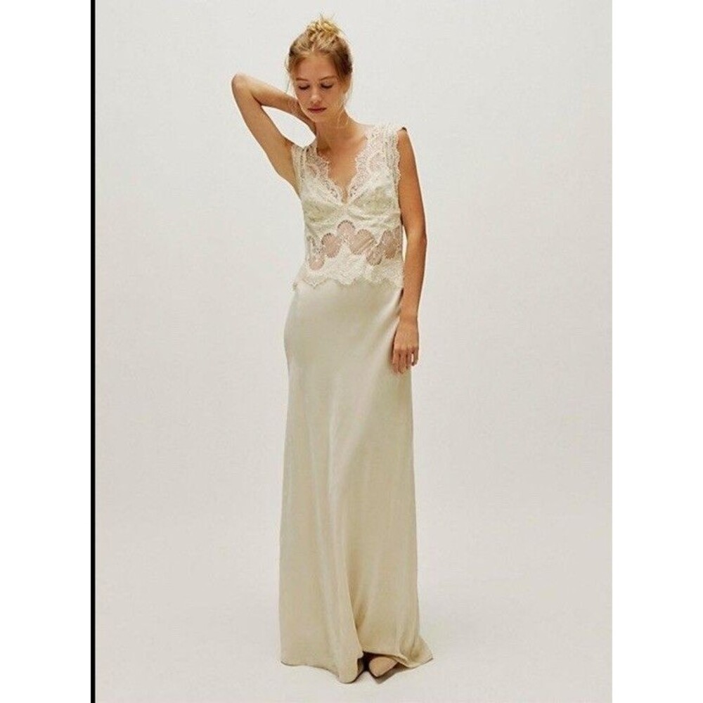 Lace Beige Satin Maxi Dress Size M Slip Gown Event Cocktail Party Sexy Romantic - Picture 2 of 7